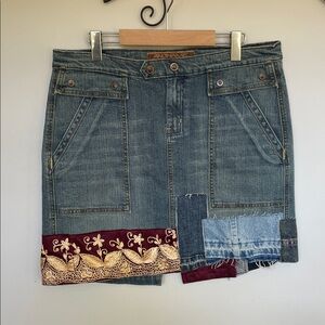 Upcycled Blue Denim Skirt with Burgundy Accents